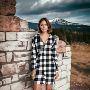 Womens Buffalo Plaid Shirt Dress Black White Button Front Tunic Size M NWT